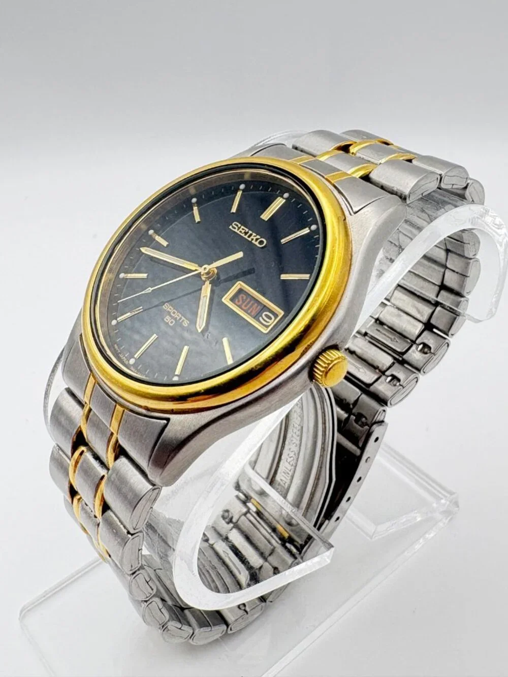Seiko Sports 50 Two Tone Men Watch Black Dial Day Date Quartz 7N43-9A00